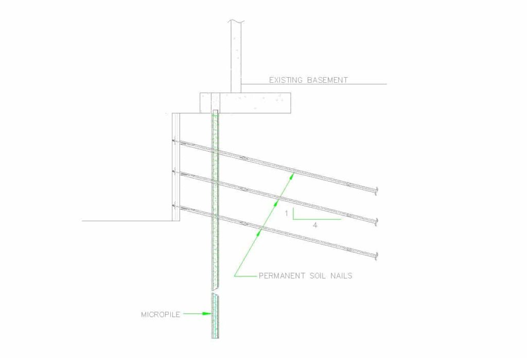 sketch of a footing underpinning with micropiles to aid a shoring sytems