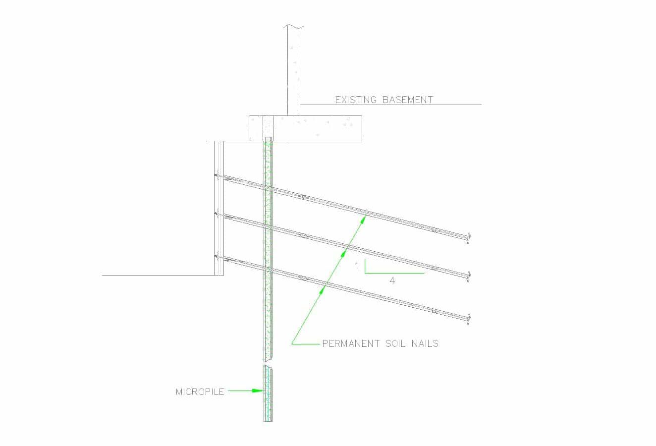 sketch of a footing underpinning with micropiles to aid a shoring sytems